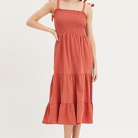 Brown Maxi Dress Sleeveless Tie Shoulder Square Neck