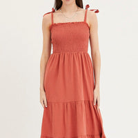Brown Maxi Dress Sleeveless Tie Shoulder Square Neck