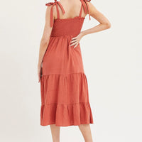 Brown Maxi Dress Sleeveless Tie Shoulder Square Neck