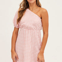 Stripe Check One Shoulder Midi Dress
