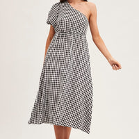 Stripe Check One Shoulder Midi Dress