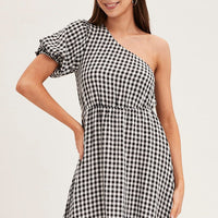 Stripe Check One Shoulder Midi Dress