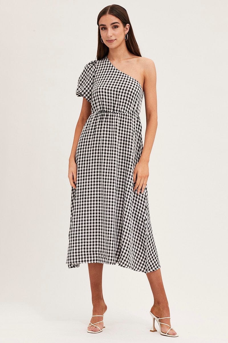 Stripe Check One Shoulder Midi Dress
