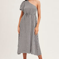 Stripe Check One Shoulder Midi Dress