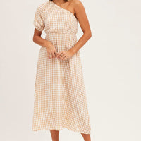 Stripe Check One Shoulder Midi Dress