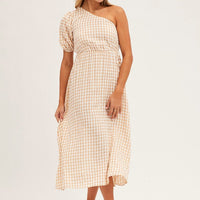Stripe Check One Shoulder Midi Dress