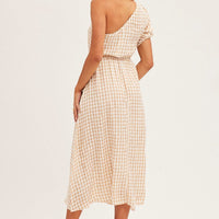 Stripe Check One Shoulder Midi Dress