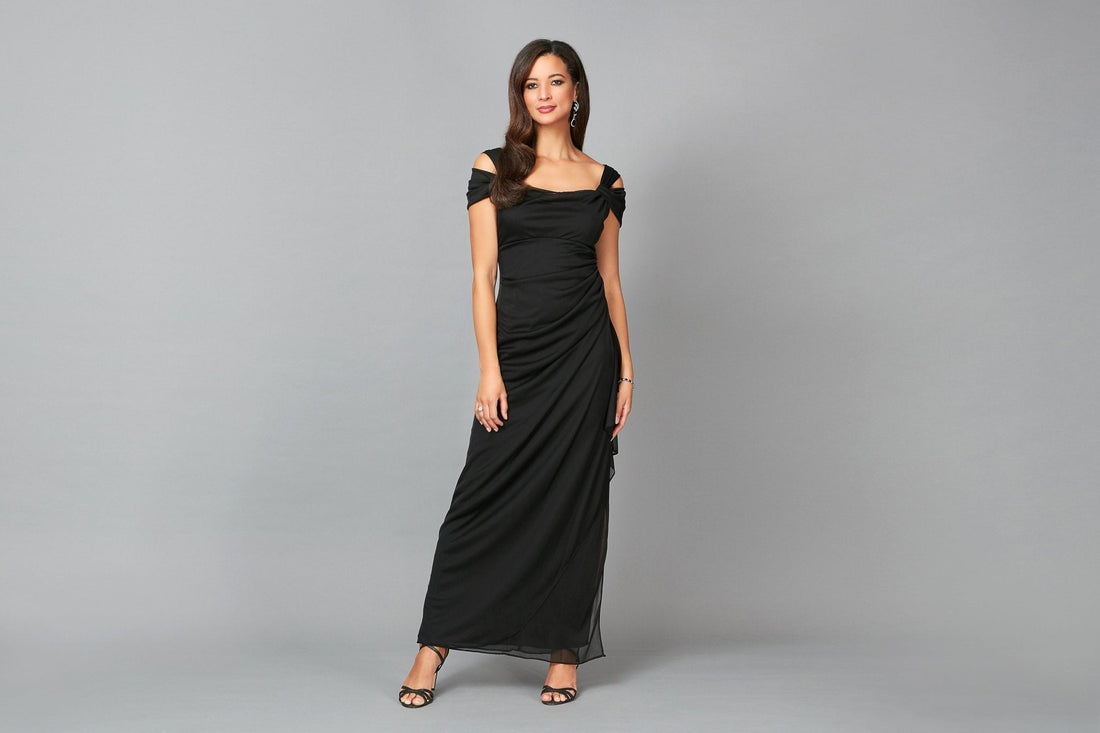 Petite Cold Shoulder Mesh Gown with Cowl Neckline & Overlay Skirt