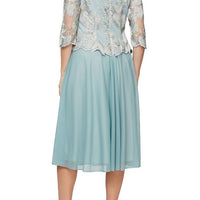 Petite Embroidered Tulle Dress with Illusion Sleeves & Scallop Trim