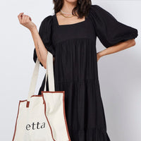 Black Midi Dress Short Sleeve Square Neck