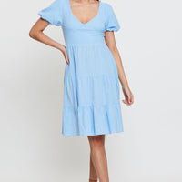 Blue Midi Dress Short Sleeve V Neck