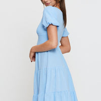 Blue Midi Dress Short Sleeve V Neck