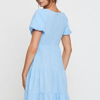Blue Midi Dress Short Sleeve V Neck