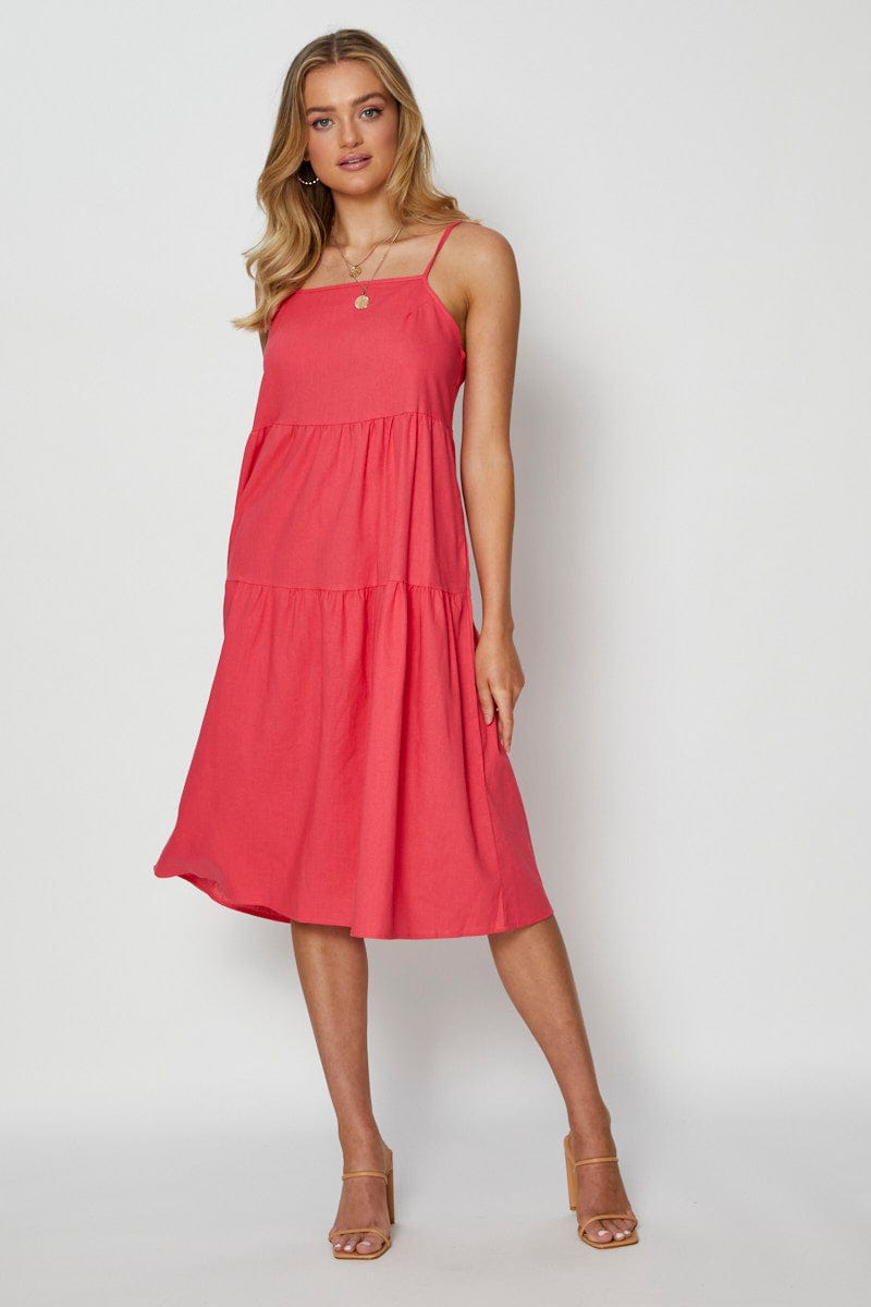 Pink Midi Dress Square Neck