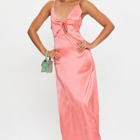 Brown Tie Front Satin Midi Dress